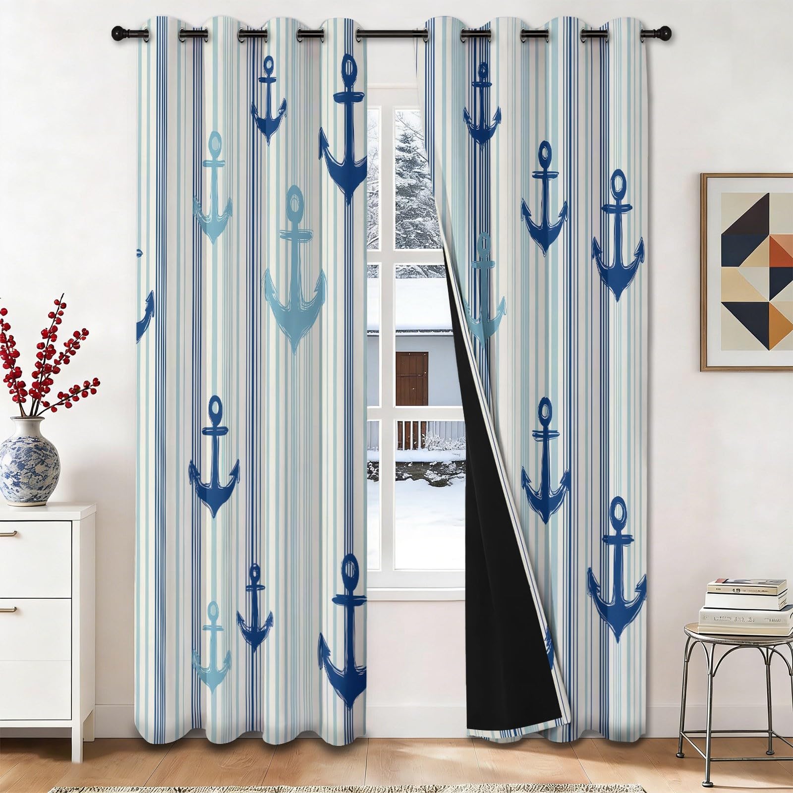 Rideau occultant minimaliste moderne rideaux thermiques ancre rayures bleues blanches lot de 2