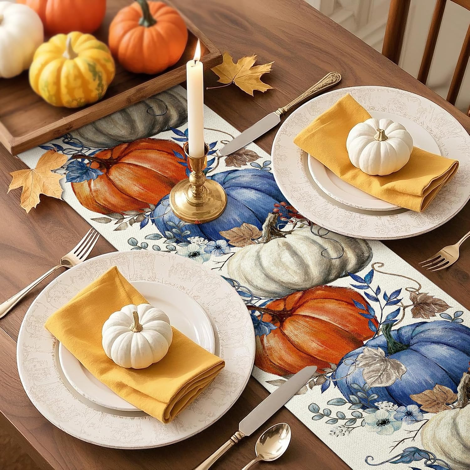 Artscope Pumpkins Eucalyptus Leaves Fall Table Runner,Autumn Seasonal Kitchen Dining Table Decoration for Fall Home Decor 13x72 Inch-Beige