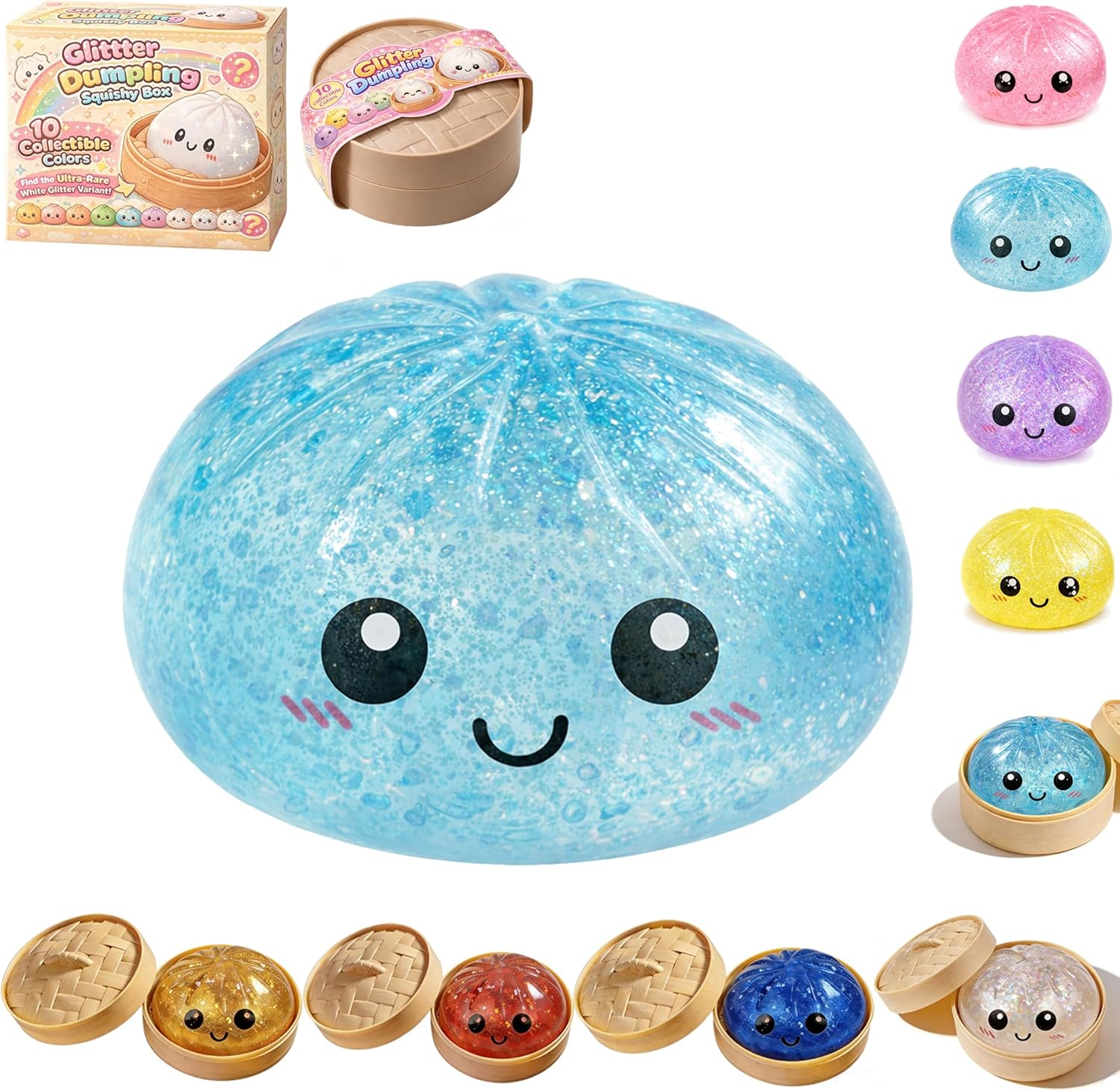 Pink Glitter Dumpling Squishy - Rare Glitter Dumpling, Dumplings Squishy with Steamer, Soft Squeeze Stress Relief Fidget for Anxiety. (4 Colors)