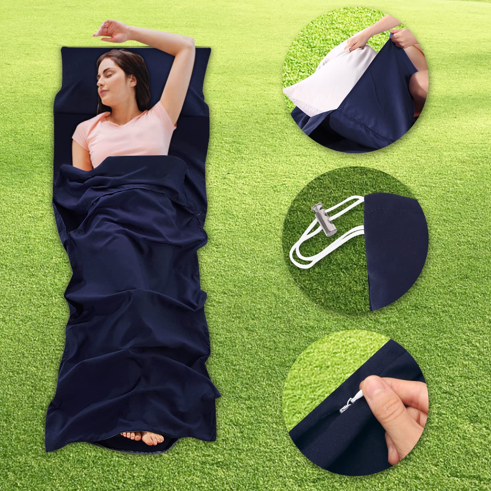 NiCoLa Sleeping Bag Liner, Lightweight Sleep Bag Liner 210 x 115 cm, Lightweight Travel Sheet with Zipper & Pillow Slot for Camping, Hotel & Hiking
