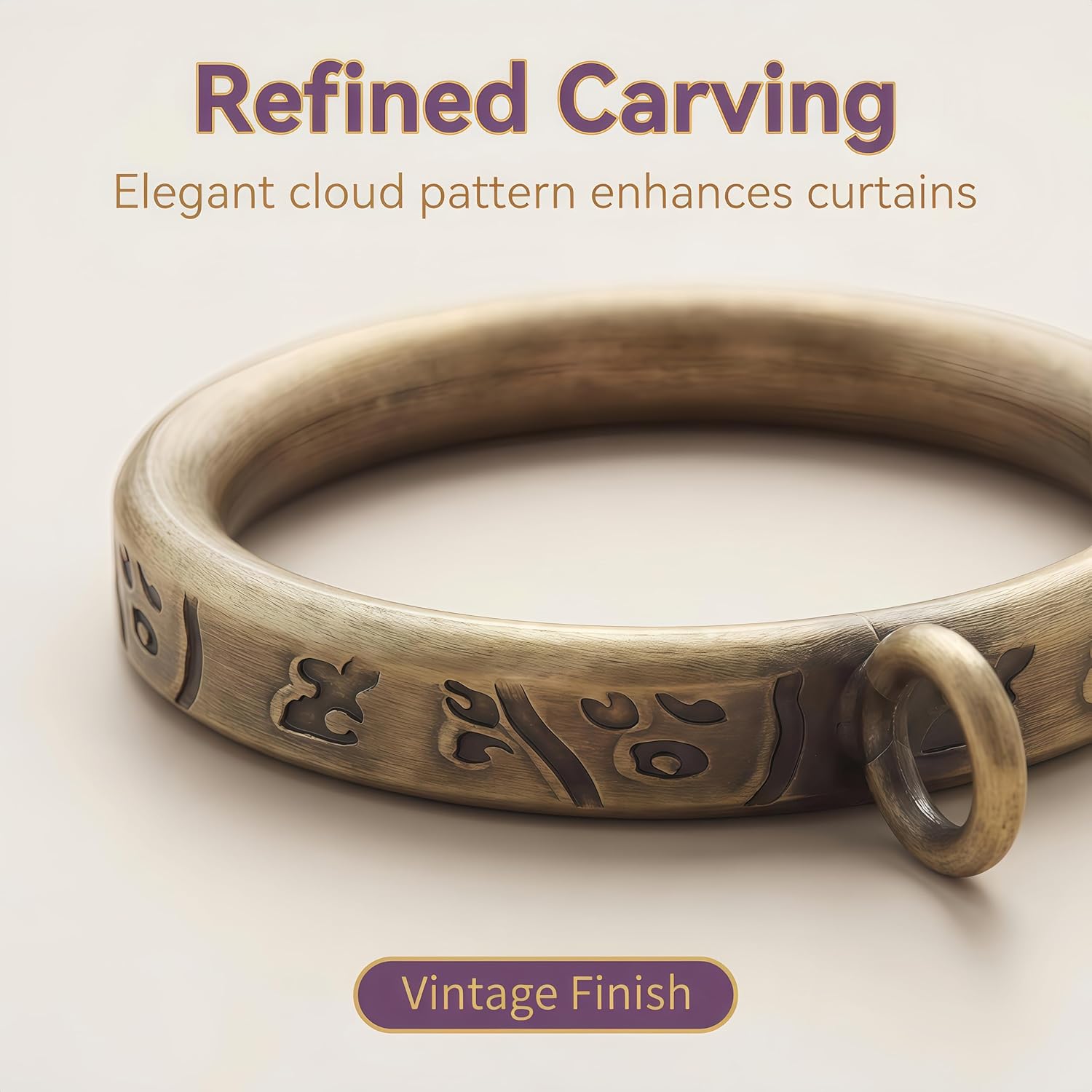 40 Pack 1.5 Inch Half-Round Curtain Rings, Antique Brass Cloud Pattern Carving, Eyelet Only Design, Heavy Duty Iron, Rustproof Electroplating, Quiet Glide, Fits 1.2-1.4 Inch Rods, No Drill