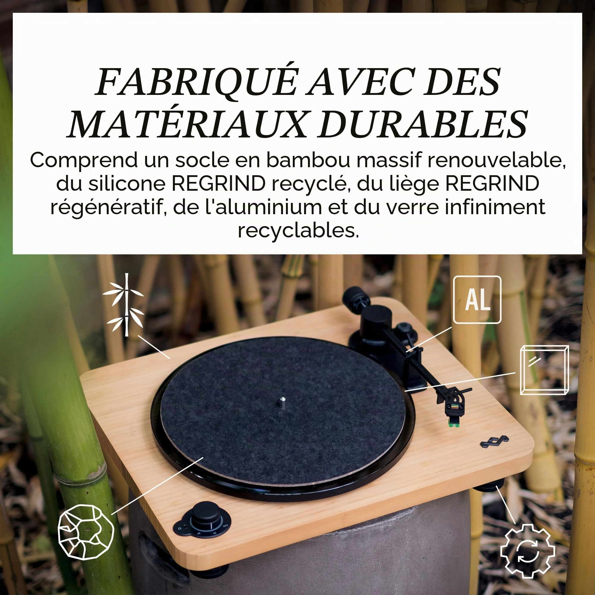 House of Marley Stir It Up Lux Tourne Disque Vinyle Bluetooth - Bambou | Platine Vinyle, 2 Vitesses, Fabriquée de Manière Durable, Platine en Verre, Cellule Elliptique AT-95E