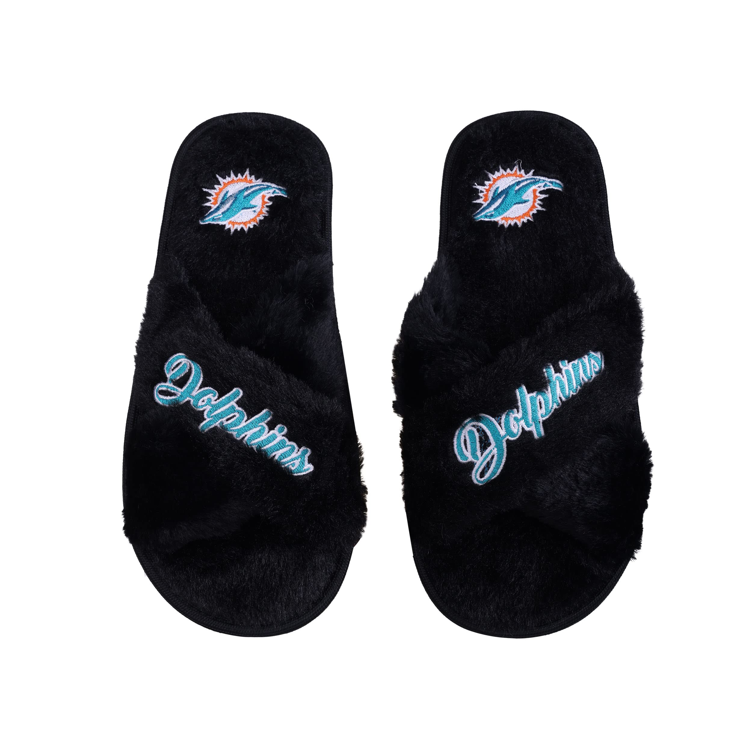 FOCO Womens NFL Team Script Wordmark Fuzzy Cross Slide Slippers