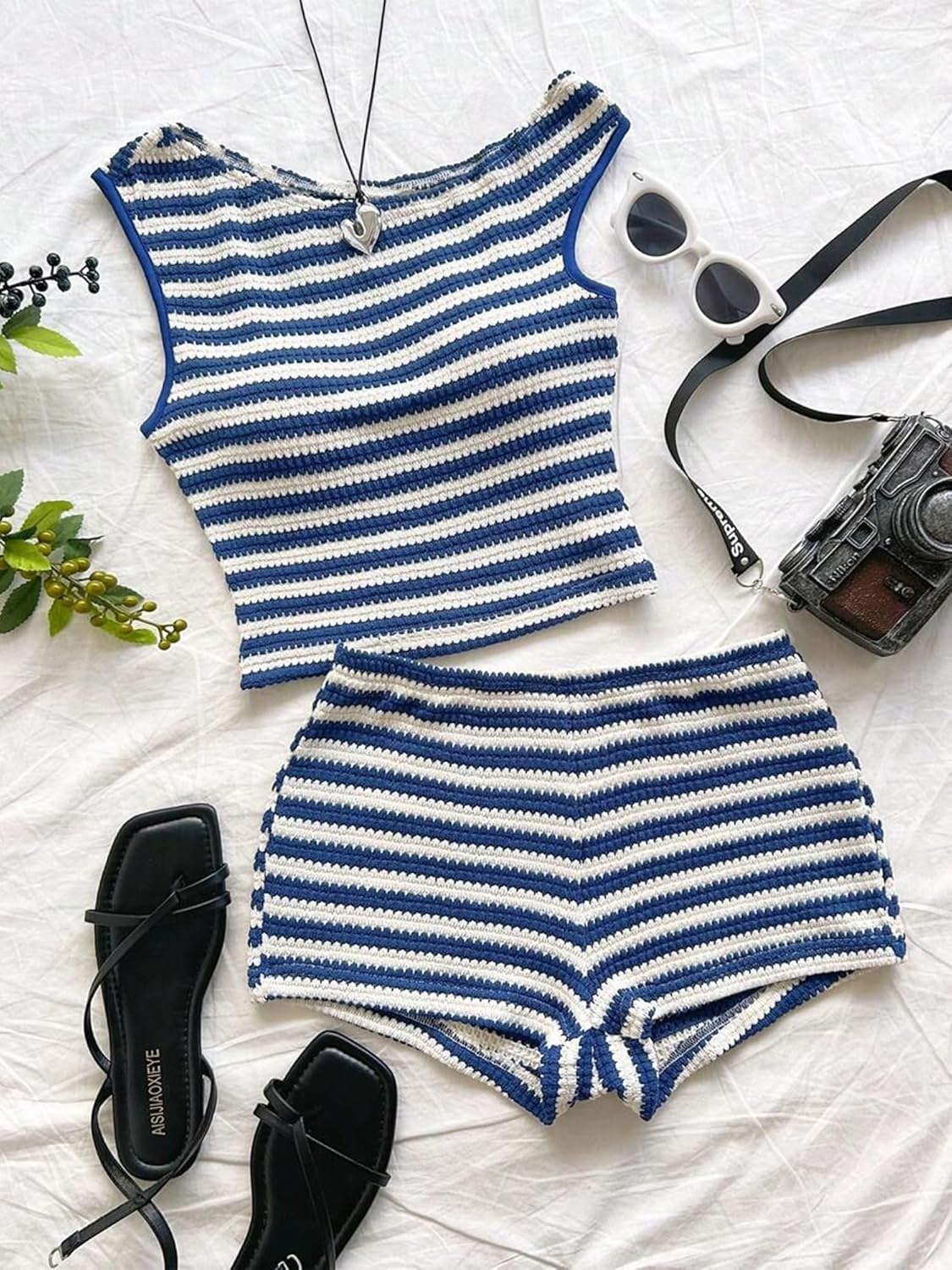 Women's 2 Piece Striped Summer Outfits Off The Shoulder Knit Crop Tops and Mini Shorts Vacation Sets - Image 5