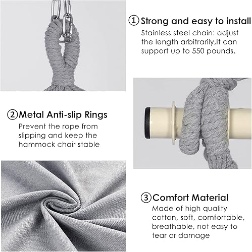 Miniatura 28 de Y- STOP Silla Hamaca Colgante Columpio de Cuerda, Máximo 500 Libras, 2 Cojines Incluidos, Silla Colgante Grande de Macramé con Bolsillo, Tejido