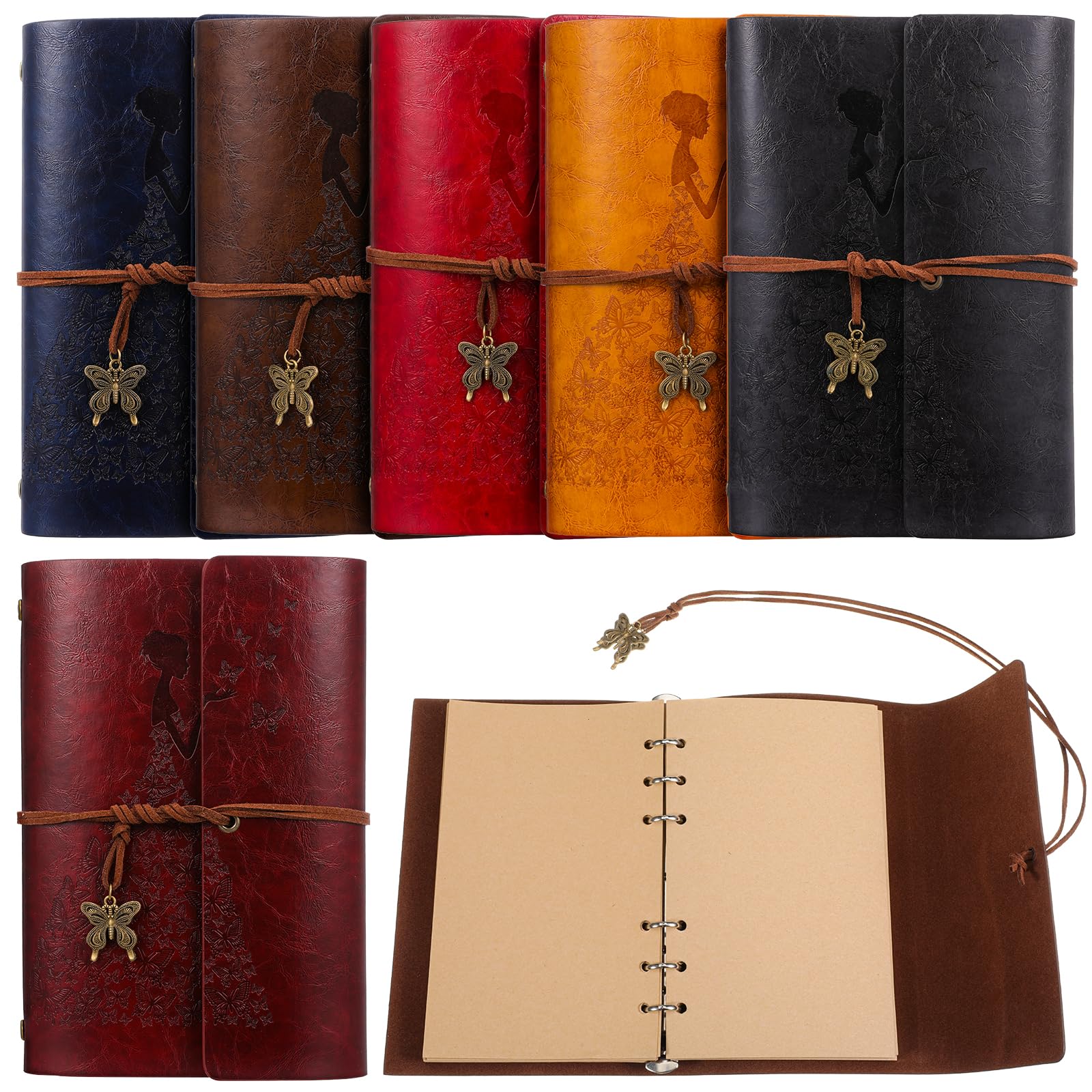 Yuanan 6 PCS A6 Leather Journal Notebook, 5 × 7 Inch Travel Journal for Women Bulk 160 Blank Pages Refillable Vintage Notebook with Rope for Diaries, Travel and DIY Creations, Students Gifts-6 Colors