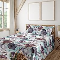 Vista 31 de Ambesonne Forest Sheet Set, Fantasy Jungle Floral Ornaments and Leaves Exotic Print Artwork, Fitted and Flat Sheet with Pillowcases Bedding Accent 4