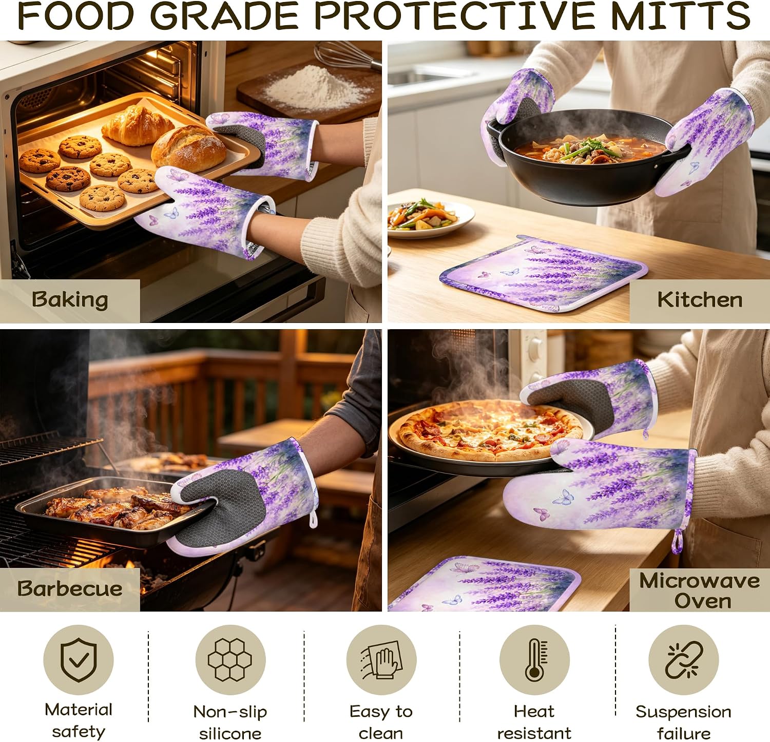 Oven Mitts and Pot Holders Dreamy Lavender Silicone Kitchen Accessories Set of 4 Heat Resistant Gloves Pink Butterfly Potholder Non-Slip Grip for Chef Cooking Baking Grilling BBQ
