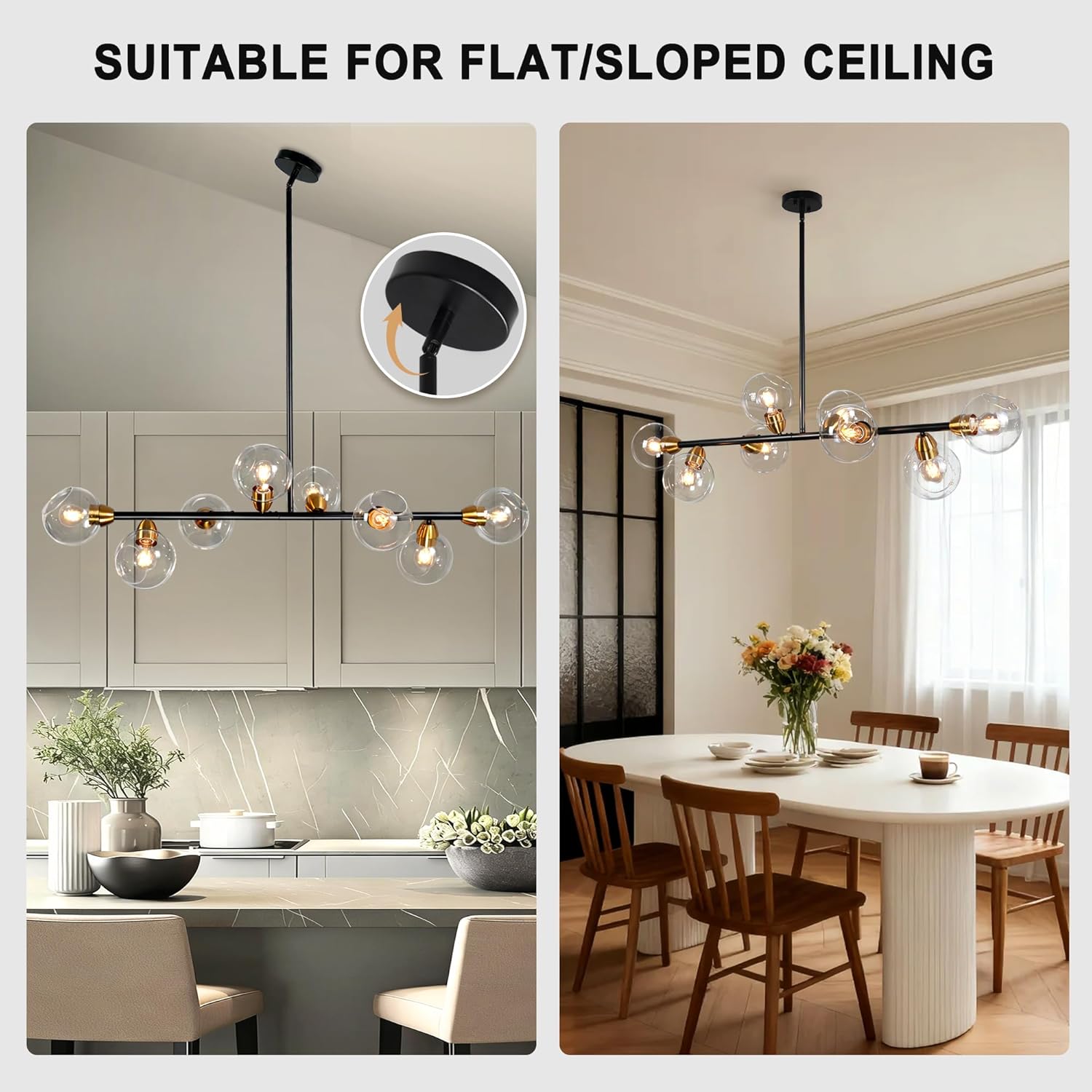 Globe Sputnik Chandeliers, Black and Gold Sputnik Chandelier, Linear Mid Century Modern Chandelier with 8 Open Clear Glass Globe, Large Hanging Light Fixture for Dining Room Kitchen Island-50