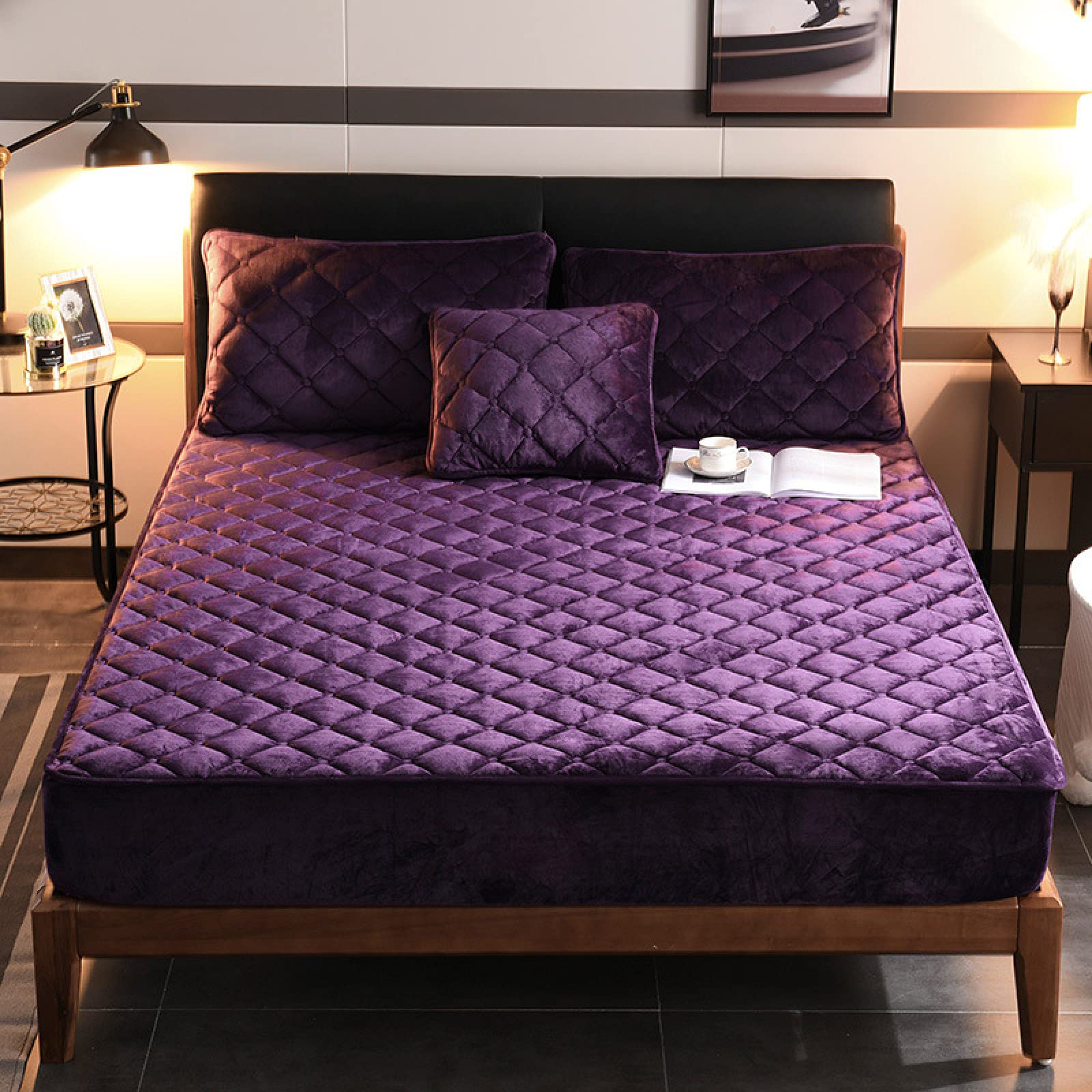 Warme Plüsch Spannbettlaken 200x200cm Dunkelviolett Matratzenbezug | weicher Fleece Bettlaken geräuschlos atmungsaktiv 30cm tiefe Tasche mit elastischem Rand für Topper Matratzen Boxspringbett