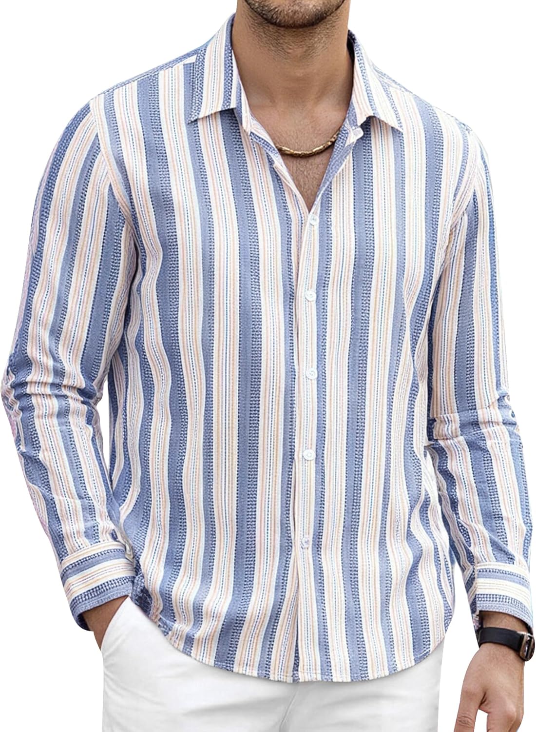 Alex Vando Mens Linen Long Sleeve Casual Button Down Shirt for Men Beach Wedding Shirts