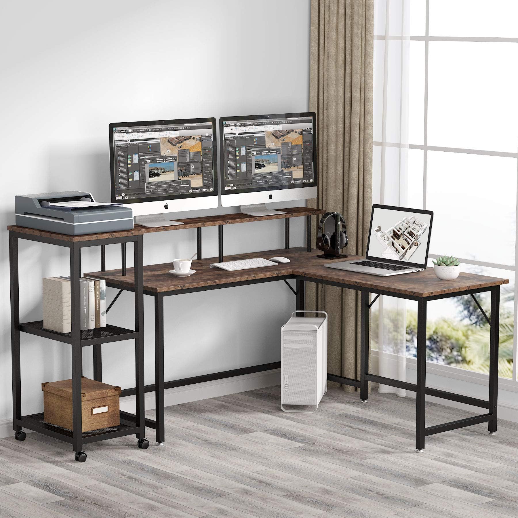Tribesigns L-Shaped Computer Desk with Storage Shelves, Modern Large Corner Computer Desk Study Writing Workstation with Monitor Riser & 3-Tier Corner Shelf for Home Office Use (Rustic Brown)