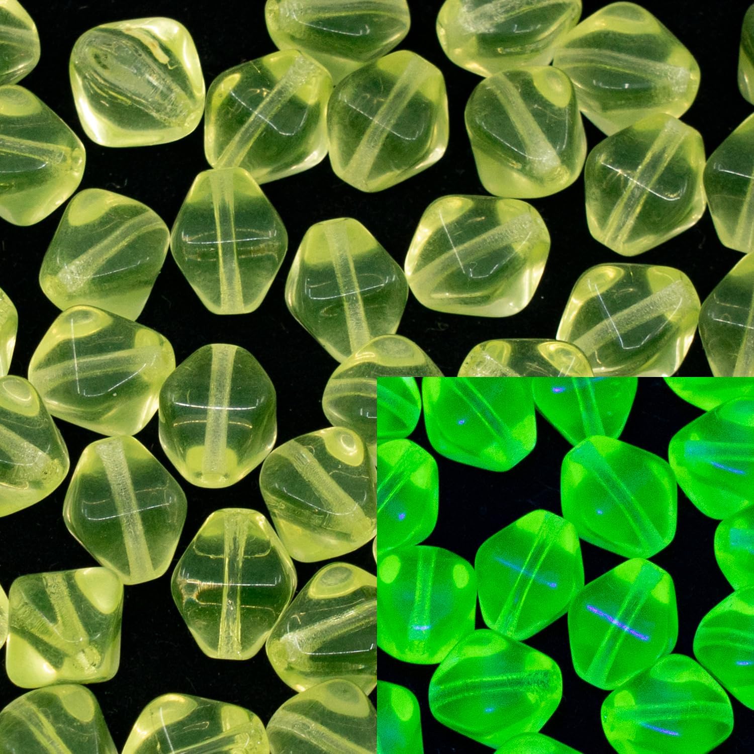 25 pcs Bicone Pressed Czech Glass Beads 9mm (0.36in), Beads for stringing, Glow Under UV Urаnium Yellow