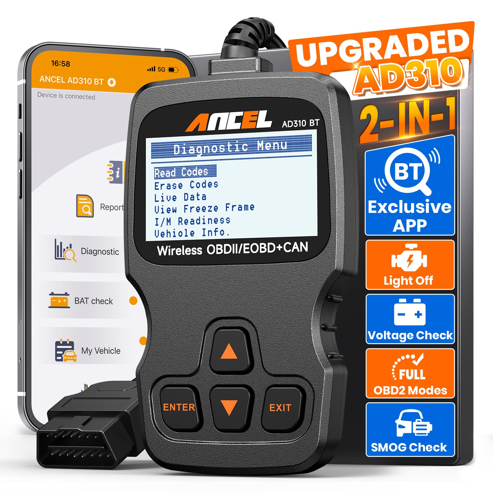 (Upgraded Version) ANCEL AD310 BT OBD2 Scanner Diagnostic Tool, Car Code Reader Bluetooth with Premium App On iOS & Android, Best Check Engine Code Reader for All Cars After 1996