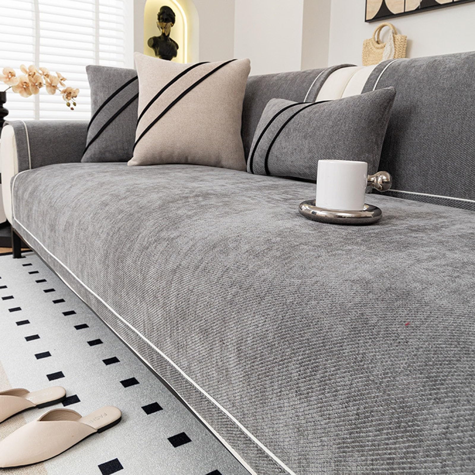 Soft Chenille Sofa Cover 2 3 4 Seater L-Shape Sectional, Non-Slip Washable Heavy Duty Couch Protector for Leather Sofa, Pet & Dog Friendly Furniture Cover for Living Room(Dark grey,90x180cm)