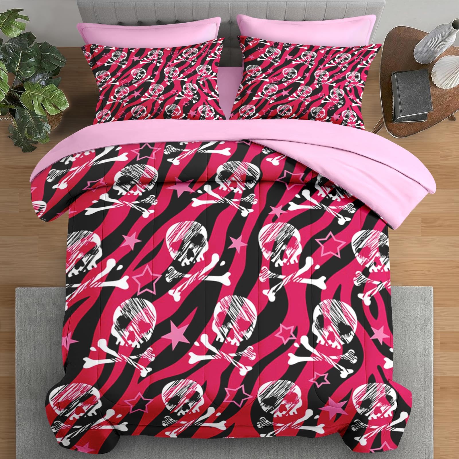 Comforter Set Queen Size, Zebra Rock Roll 7 Pcs Bedding for Kids and Adults, Animal Pink Bed Sheet Sets with Fitted Sheet 2 Pillowcases & 2 Shams for Bedroom Bed DecorOEKO-TEX STANDARD 100