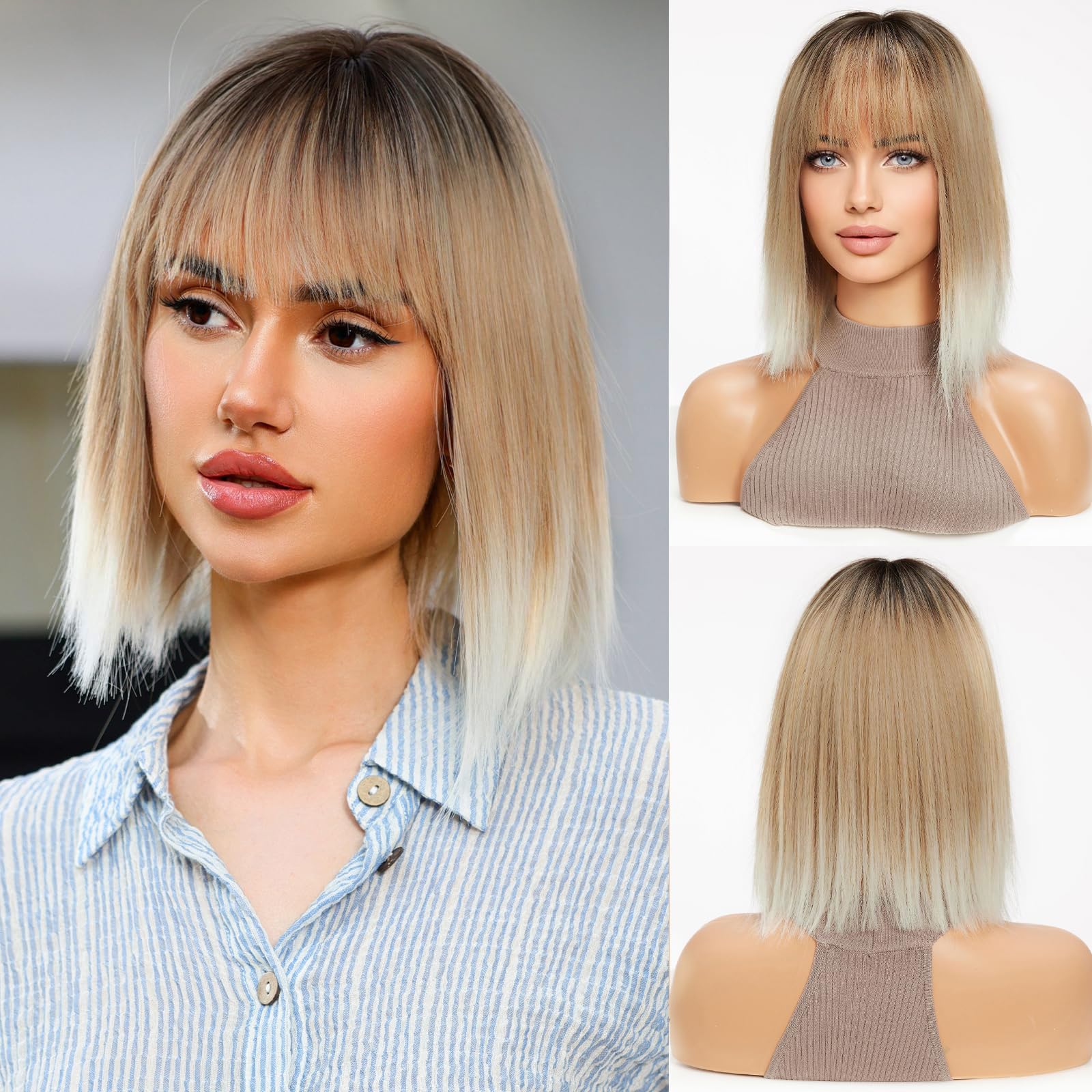 HAIRCUBE Parrucche Lisce per Donna, Parrucca di Capelli Sintetici con Frangetta (da Biondo Candeggina a Bianco)