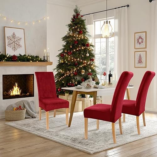 Miniatura 2 de smiry - Fundas para sillas de comedor de terciopelo elástico y suave, extraíbles, Terciopelo, rojo vino