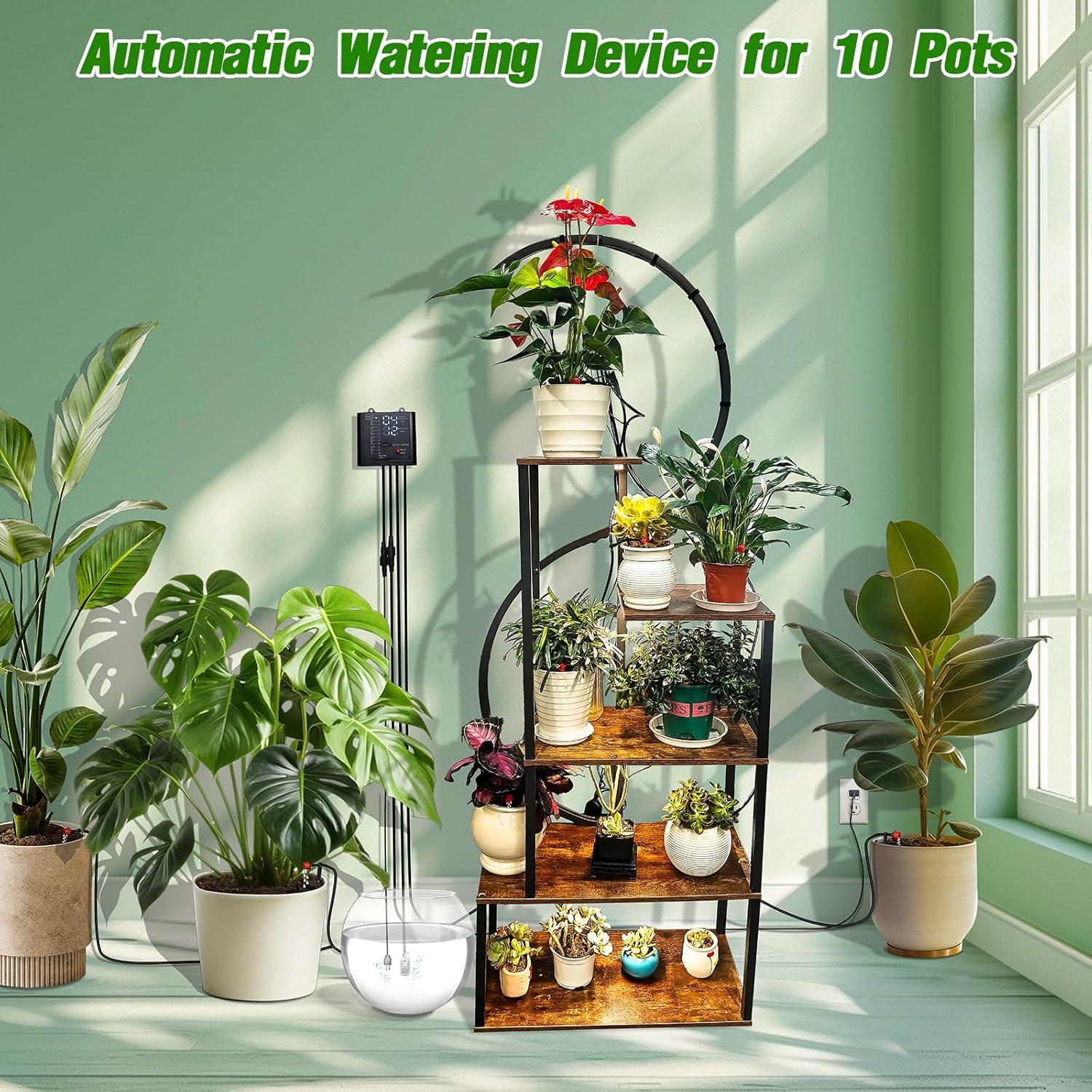 Automatic Watering System for Indoor Plants, DIY Drip Irrigation Kit with Timer for Potted Plants,Self Watering Device for Garden, Greenhouse & Vacation Plant Care (10 pots, Adjustable dripper)