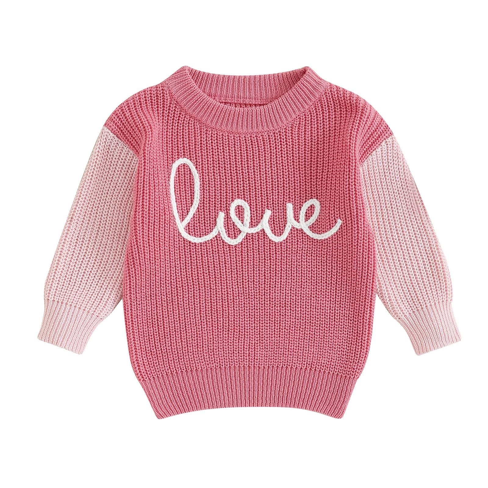 Girls Valentines Day Sweater Toddler Girl Valentines Day Outfit Love Embroidery Knit Pullover Sweatshirt Top(C-Pink,3-4T)