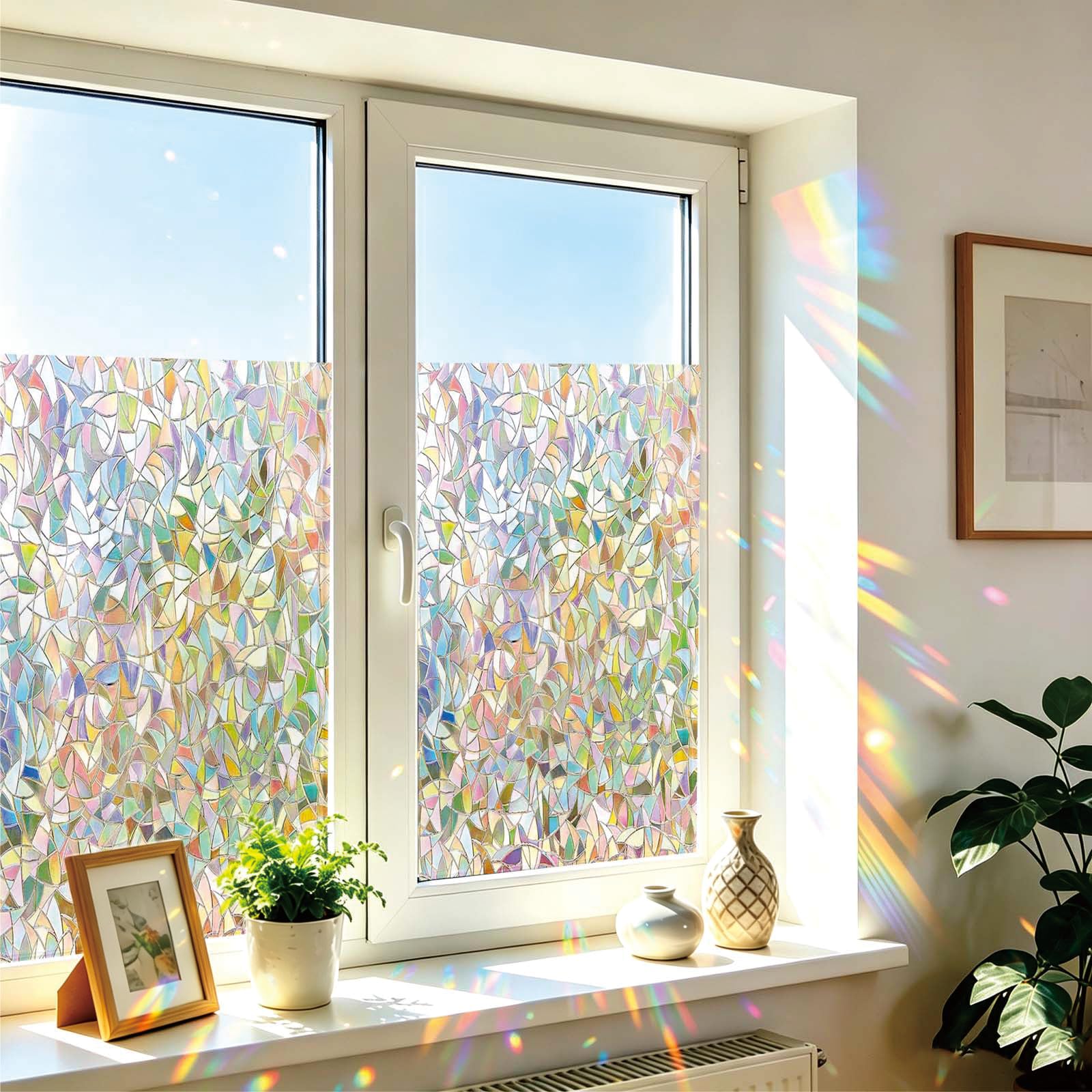 Colorful Opaque Privacy Film 85 x 240 cm Privacy Protection, Non-Adhesive Static Cling Removable Vinyl Heat Cotrol Anti Uv, Static Cling Decorative Glass Film for Kitchen, Crescent