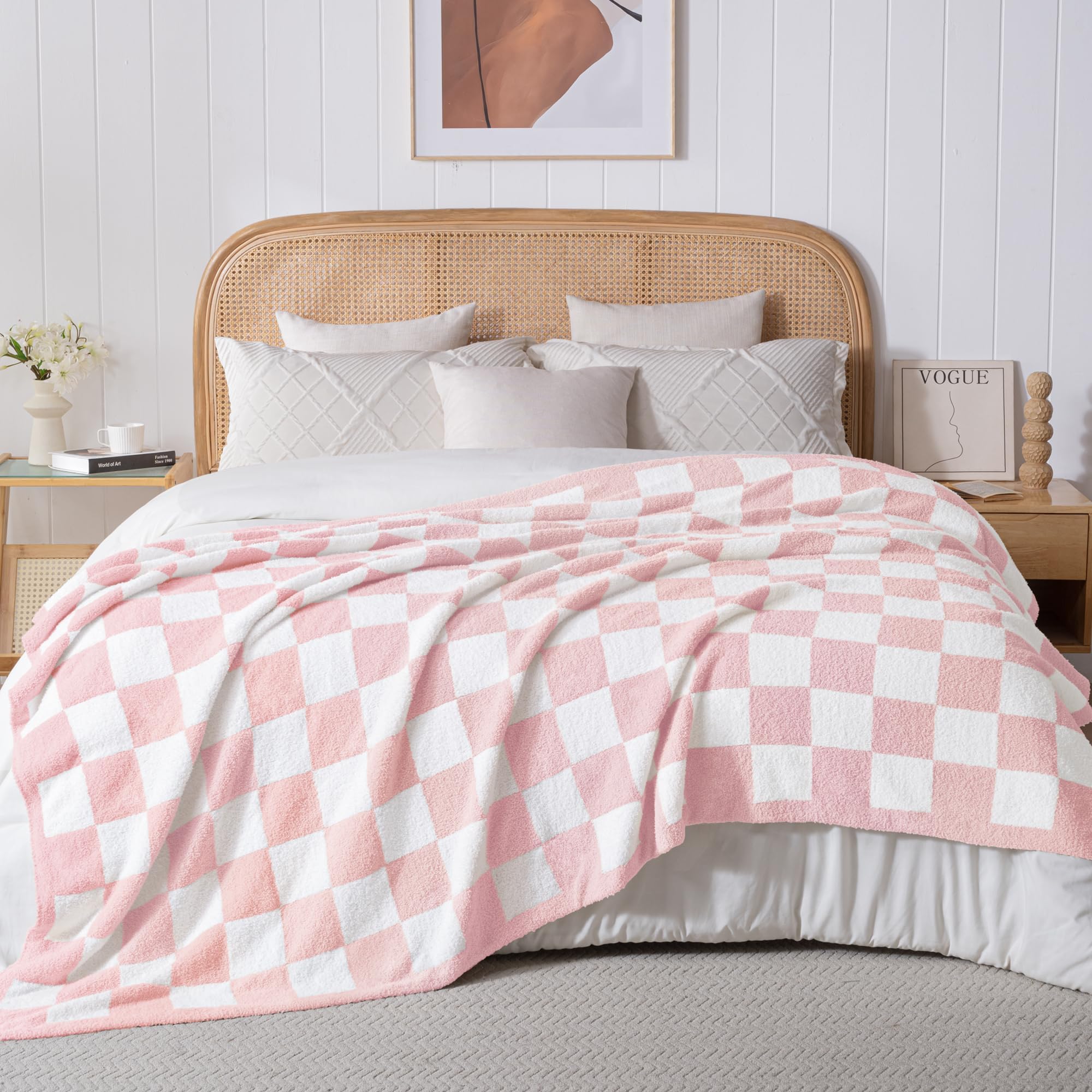 Exclusivo Mezcla Karierte Decke, Weiche Gestrickte Kuscheldecke, Kuschelige Karo Fleecedecke, Leichte Flauschige Decke für Sofa und Bett, 150x200 cm, Rosa