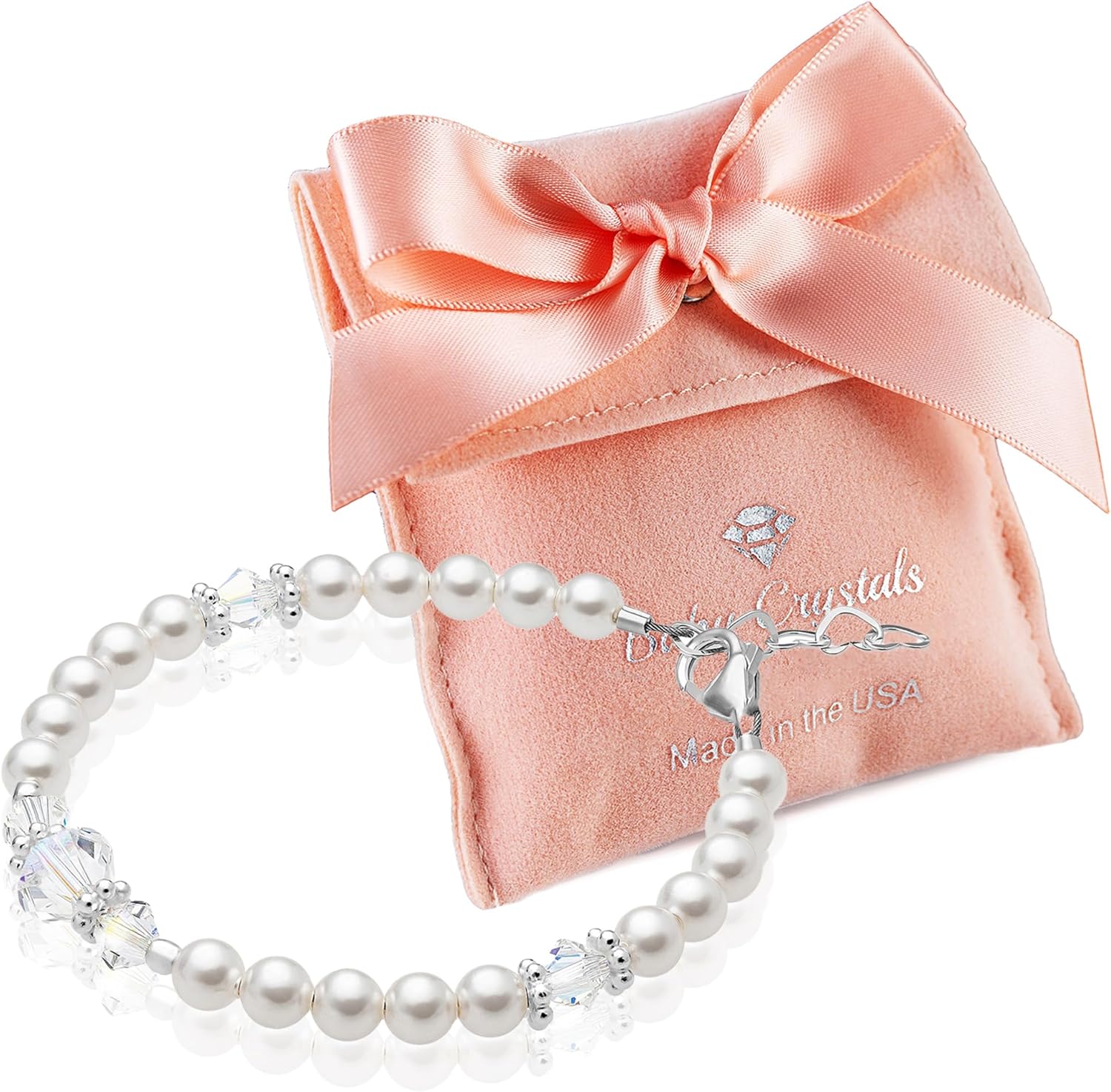 Baby Crystals Baby Girl Bracelets for Girls – Sterling Silver with White Simulated Pearls & Crystals, Sizes for Newborn, Infant & Toddler, Safe Keepsake Jewelry Gift