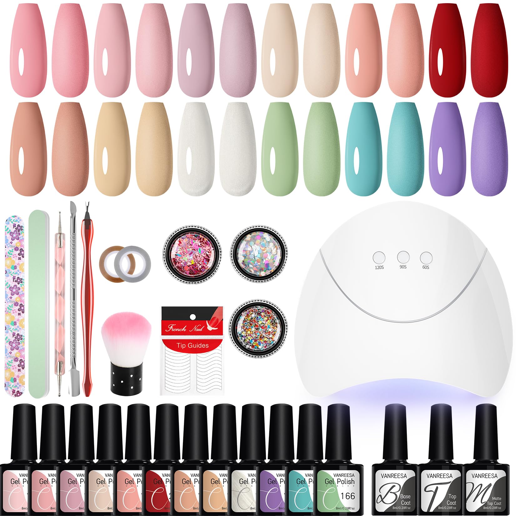 VANREESA Kit Uñas Semipermanentes 12 Colores Uñas Semipermanentes Kit Completo con Lámpara de Uñas U V 36W Set Manicura Semipermanente con Mate Top Base Coat