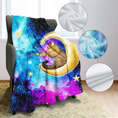 Miniatura 4 de YISUMEI Manta de forro polar con diseño de dibujos animados y diseño de dibujos animados de gato de pesca en la luna y cielo estrellado, suave,