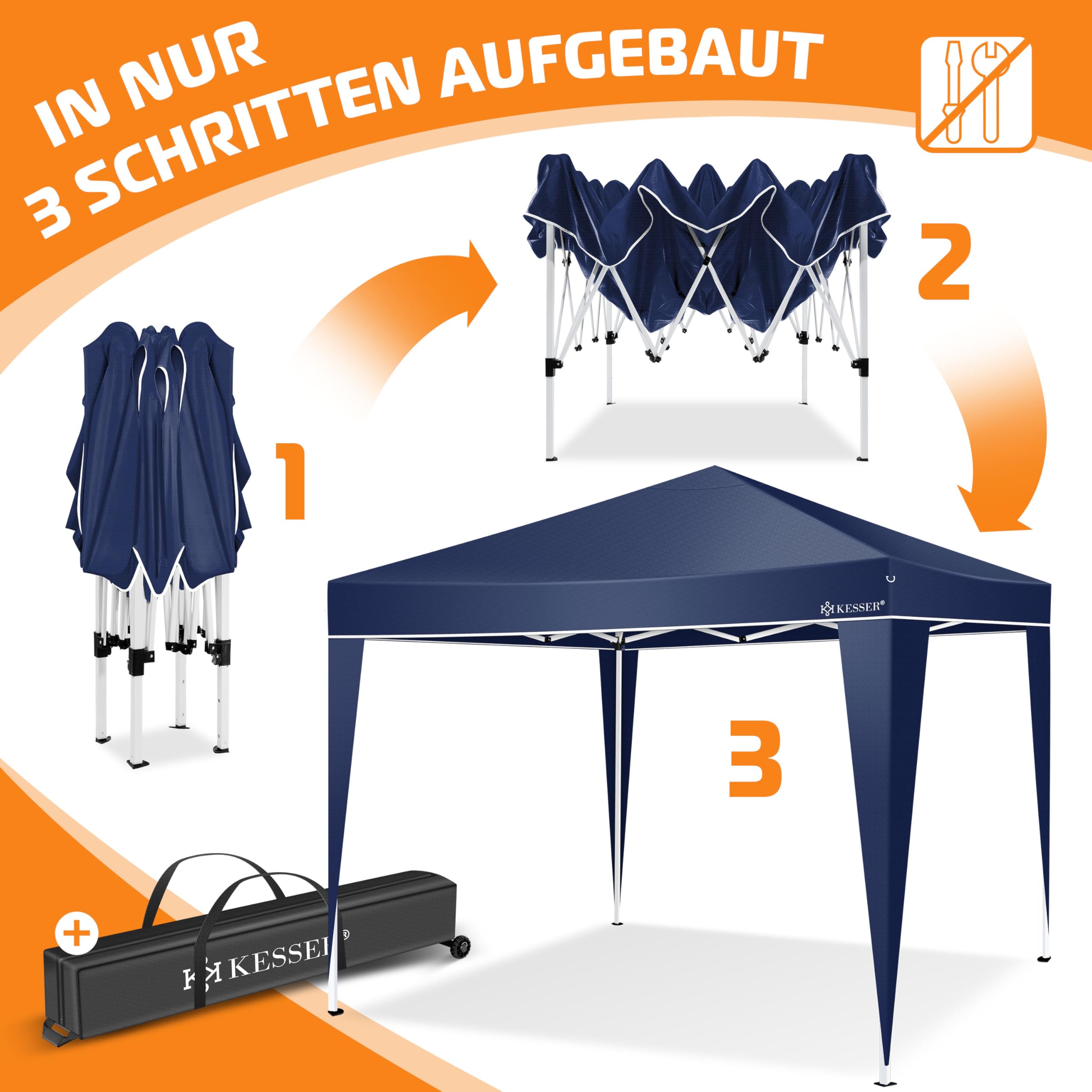 KESSER® Gazebo Pieghevole 3x3m | Pop-Up Regolabile in Altezza Stabile Impermeabile Resistente all’Inverno | Protezione UV 50+ Inclusa Borsa con Ruote & Ancoraggio al Suolo - Blu