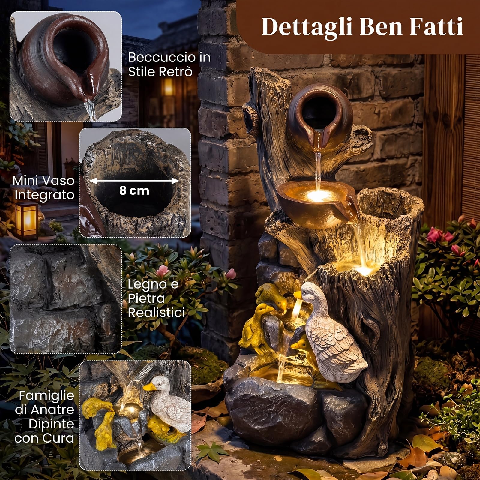 COSTWAY Fontana a Cascata da Esterno, Fontana da Giardino con Illuminazione LED e Pompa, Ornamento Cascata in Resina Effetto Pietra e Legno con Anatre per Cortile e Salotto, 30 x 27 x 57 cm