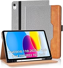 Case for iPad (A16) 11th Generation 11 Inch 2025, iPad 10th Generation 10.9 Inch 2022 with Pen Holder Material Canvas Protective Case Cover Case with Car Sleep/Wake Card Pocket - Grey