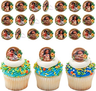 DecoPac Disney Moana 2 Rings, 24 Cupcake Decorations Featuring Disneys Moana, Maui, Simea, Pua - 24 Pack