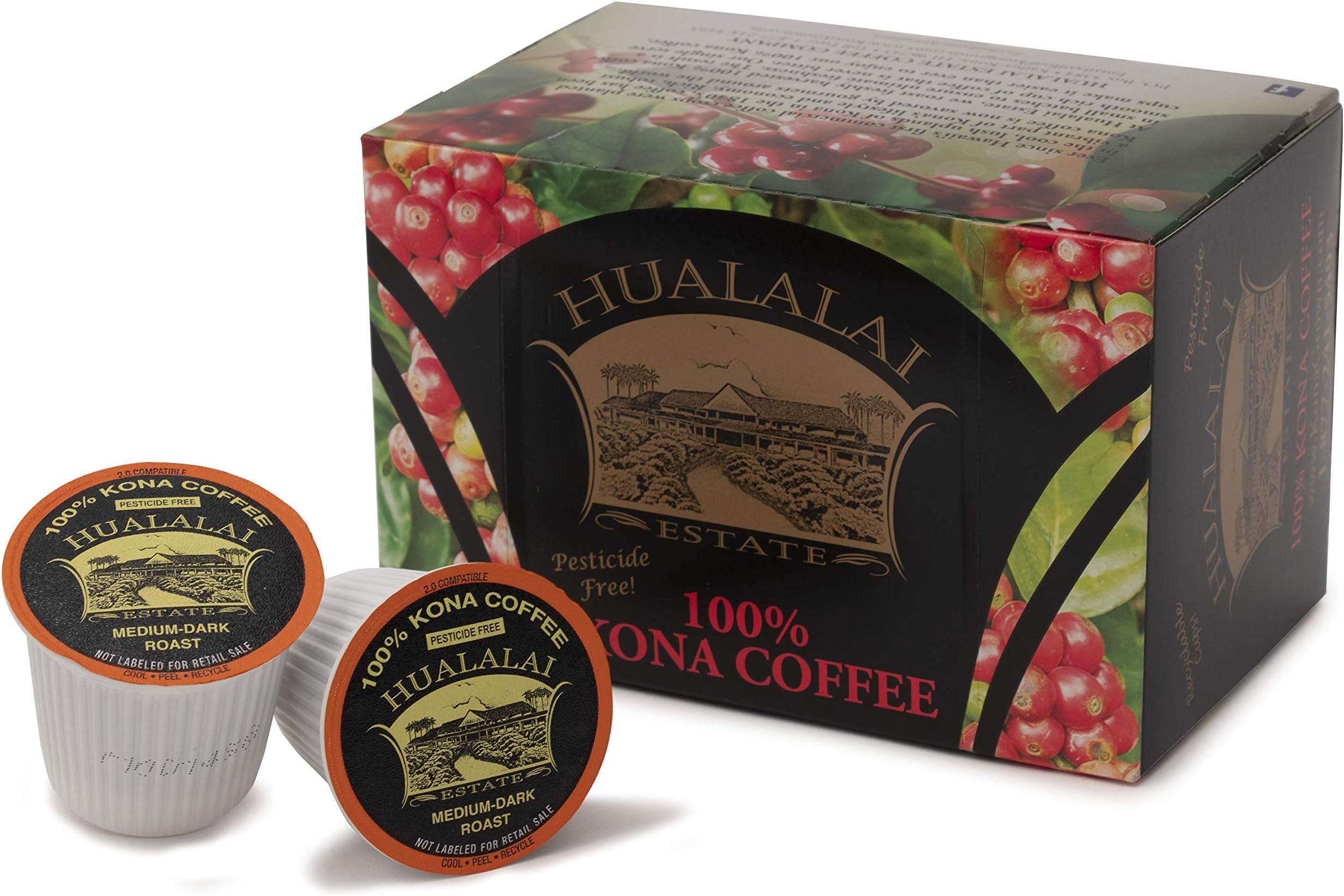 100% Kona Coffee - Medium Dark Roast Single Serve Cups by Hualalai Estate - 12 count - Premium Ground Kona Coffee