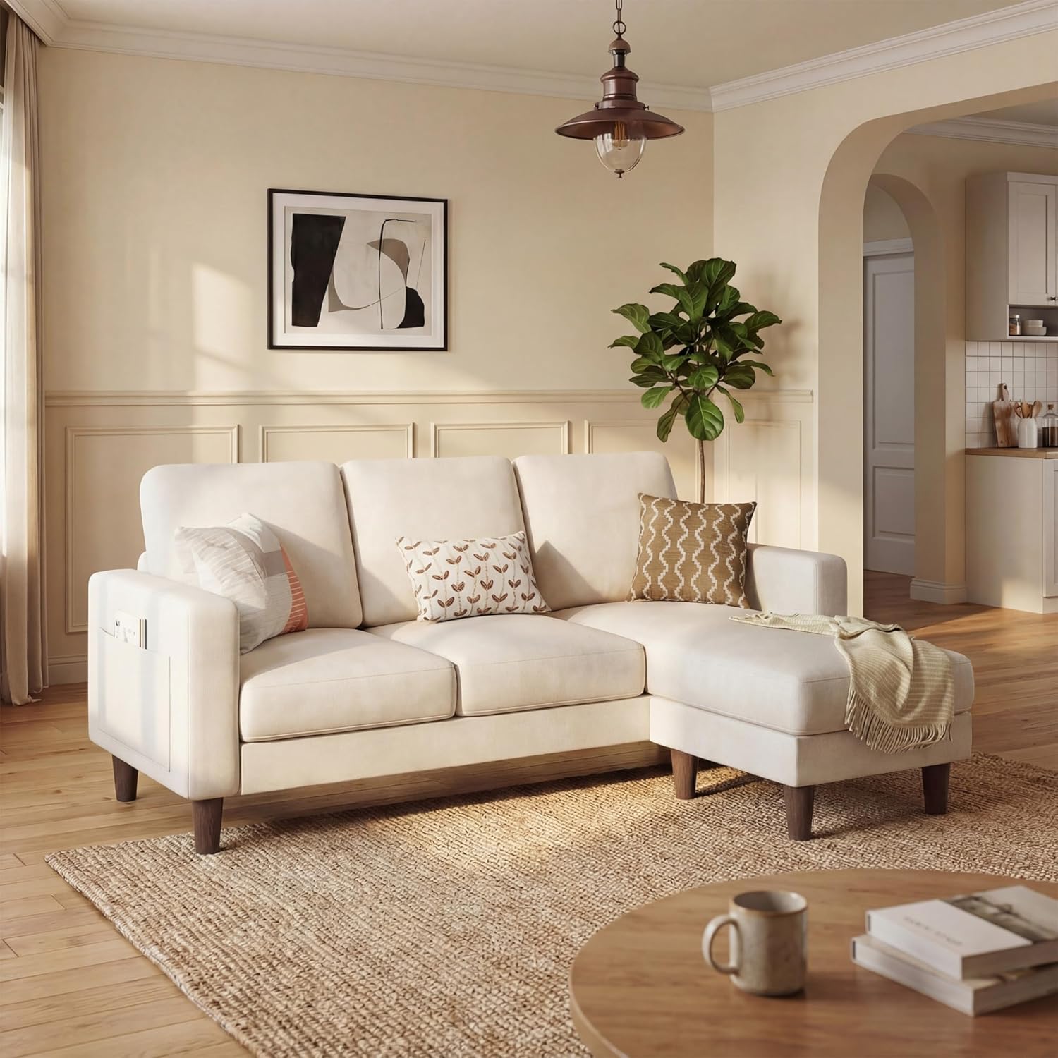 Homall 3 Seat Couch L Shape Sofa with Side Storage Pockage, Sectional Couches with Reversible Ottoma, Upholstered Sofa for Living Room and Small Spaces (Linen Fabric, Cream)