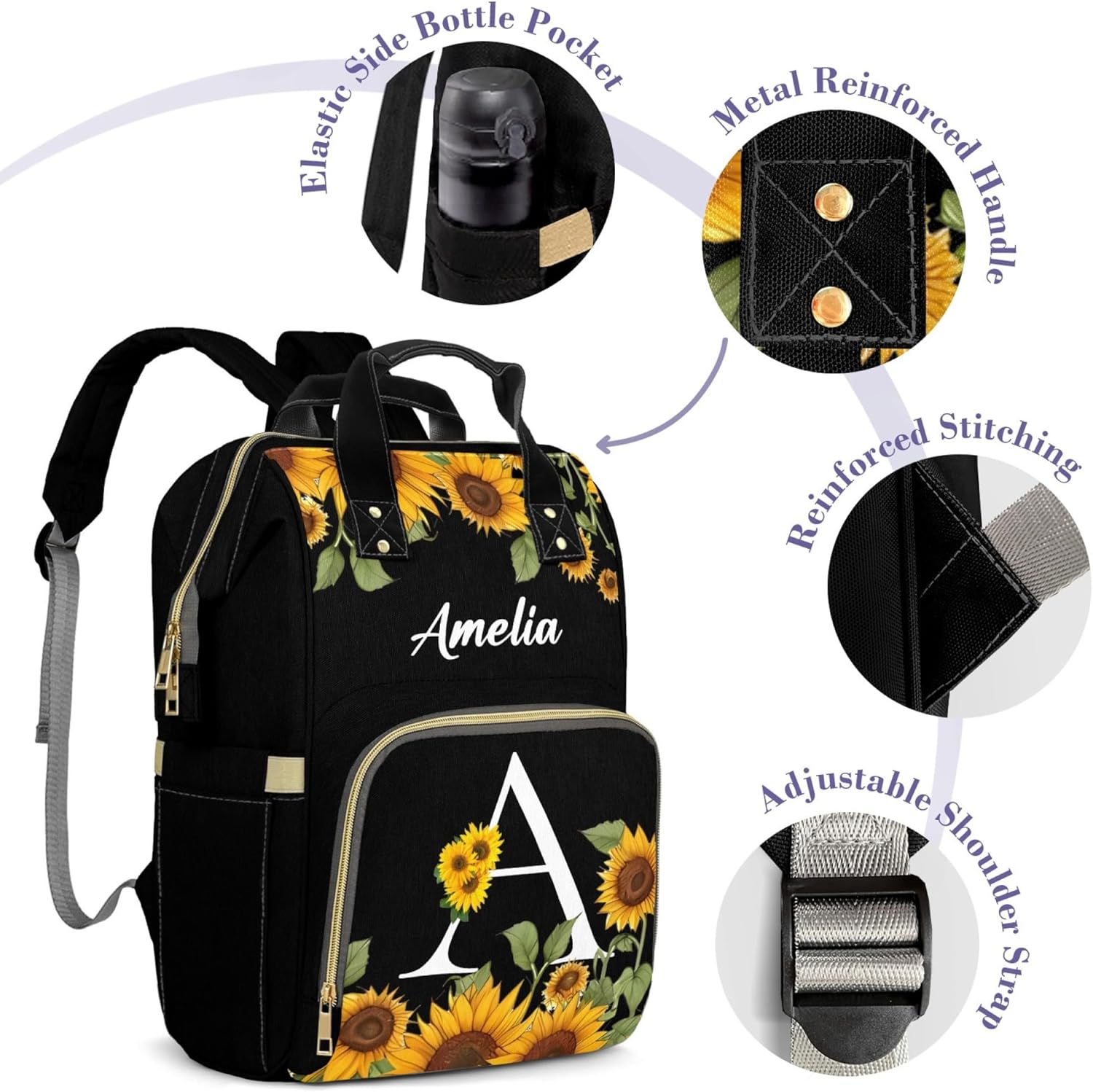 HUTARIO Custom Diaper Bag for Girl Sunflowers Decor Mommy Backpack with Personalized Name Bag