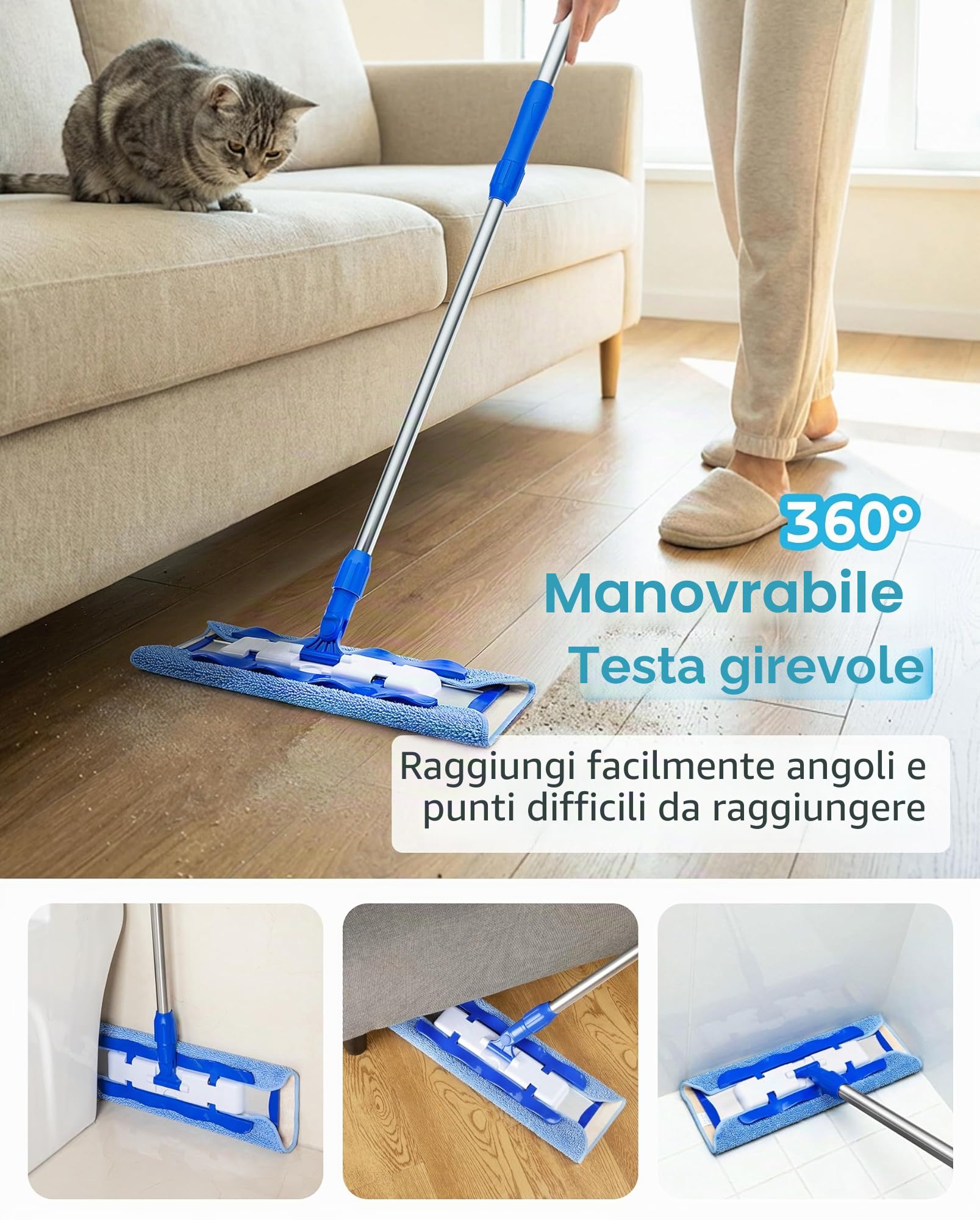 MR.SIGA Mop professionale in microfibra per la pulizia di pavimenti in legno duro, laminato e piastrelle, manico in acciaio inossidabile