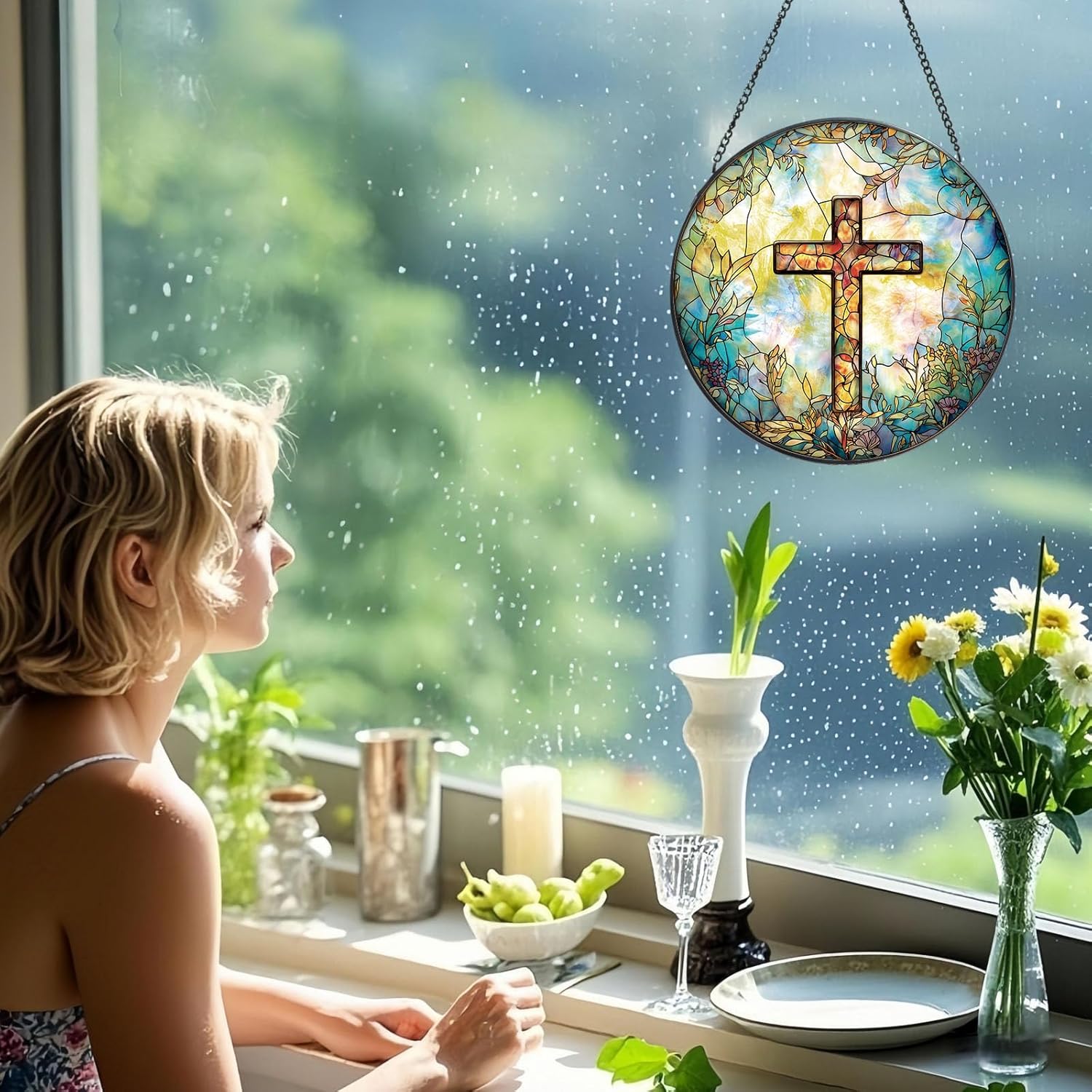 Stained Glass Cross Sun Catcher - 8'' Handcrafted Suncatcher for Window Home Decor, Symbolizing Faith, Hope, and Light, Perfect for Spiritual Spaces, Weddings, and Religious Celebrations (C) - Image 2