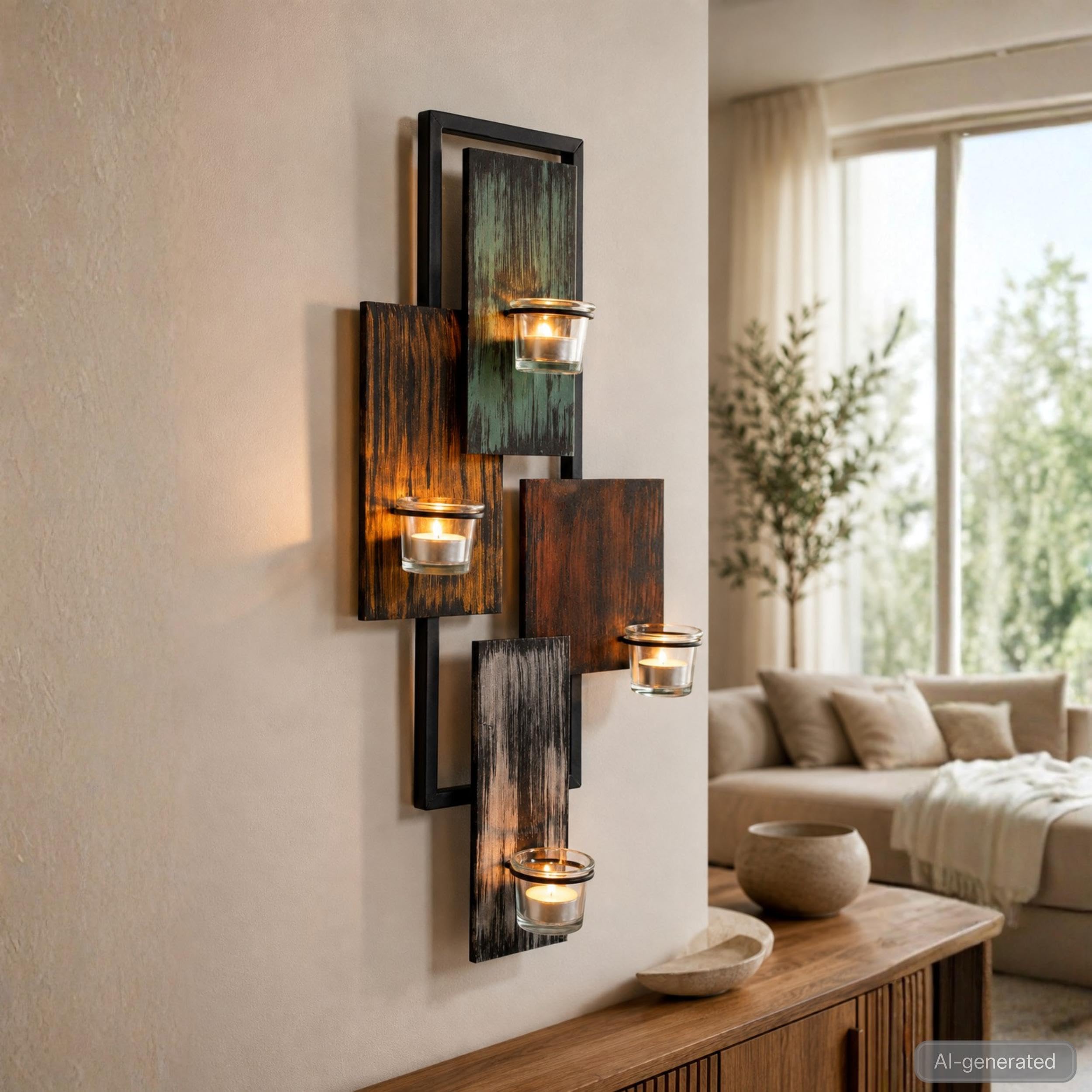 DanDiBo - Soporte para velas de té abstracto de metal para pared, negro, 61 cm, portavelas de pared