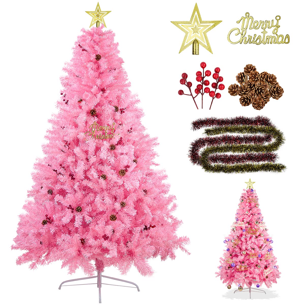 INCHER Artificial Christmas Tree, Spruce 6.4ft Pink Artificial Holiday Xmas Tree with Decors, 1600 Branch Tips, Easy Assembly, Mental Stand, for Girls Room Xmas Wedding Holiday Party