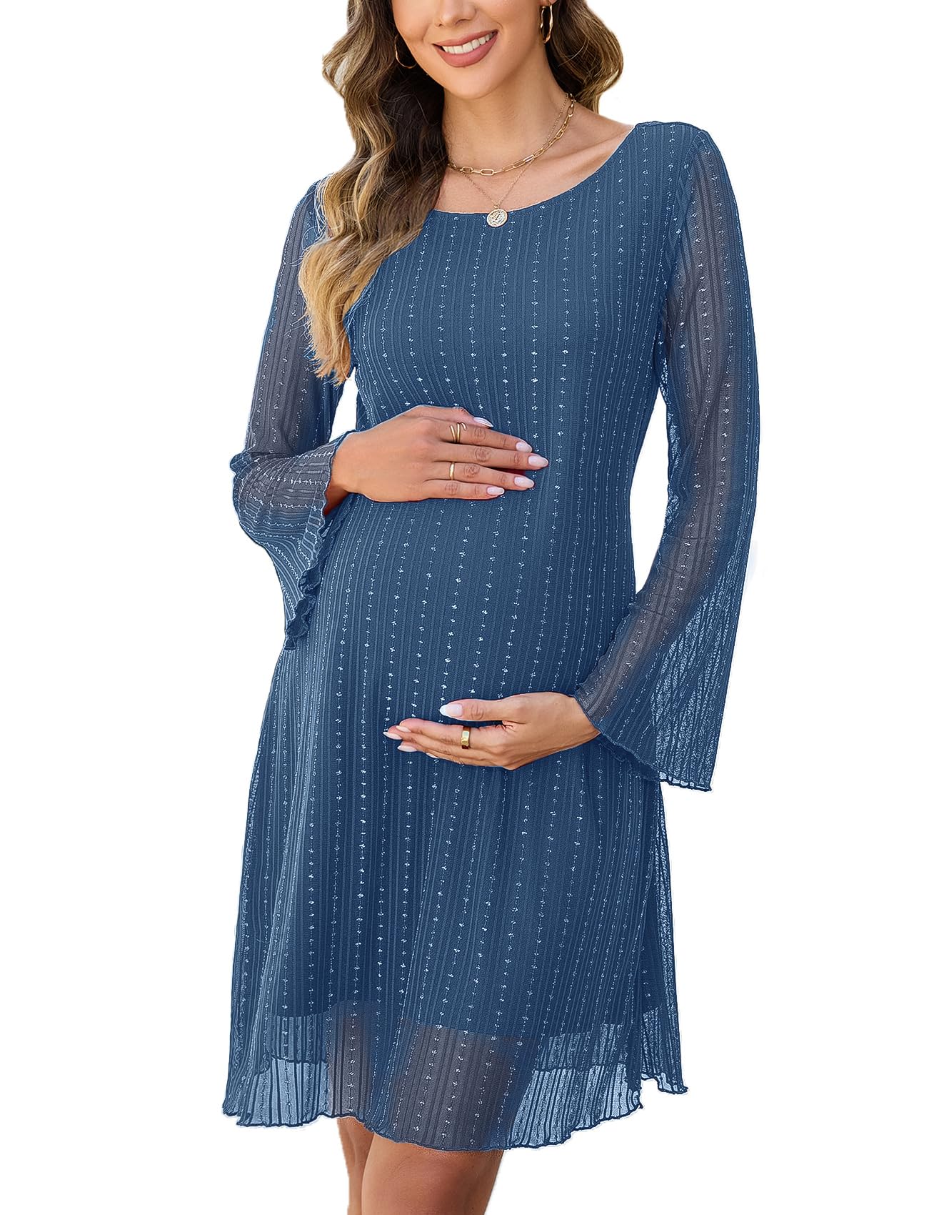 AISWI Sparkly Mesh Mini Maternity Dress Sheer Bell Sleeves Tie Back Pregnant Dresses Baby Shower Photoshoot Casual
