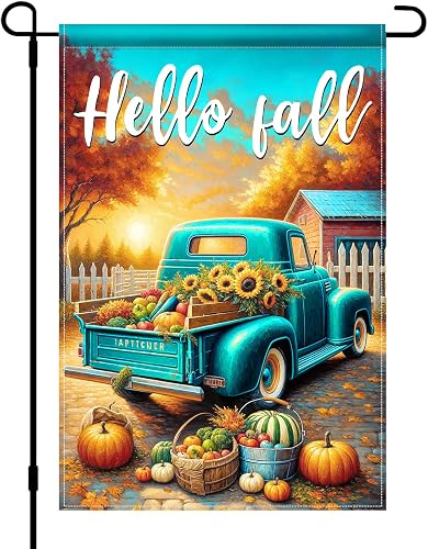 Hello Fall Garden Flag 12x18 Inch Blue Truck Pumpkin yard decor