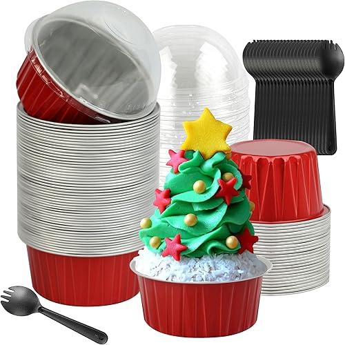 50 moldes para hornear con tapas, mini moldes de aluminio de 4 onzas con tapas, moldes desechables, moldes individuales para tartas, forros para