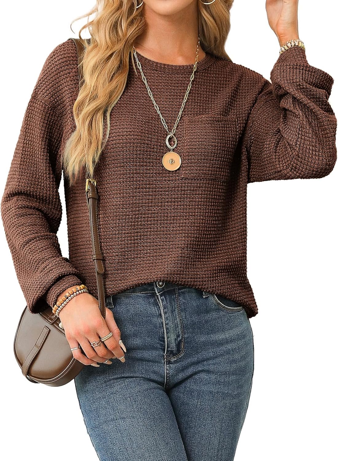 Waffle Knit Tops Women Long Sleeves Business Shirts 2025 Crewneck Basic Sweatshirts Casual Trendy - Image 2