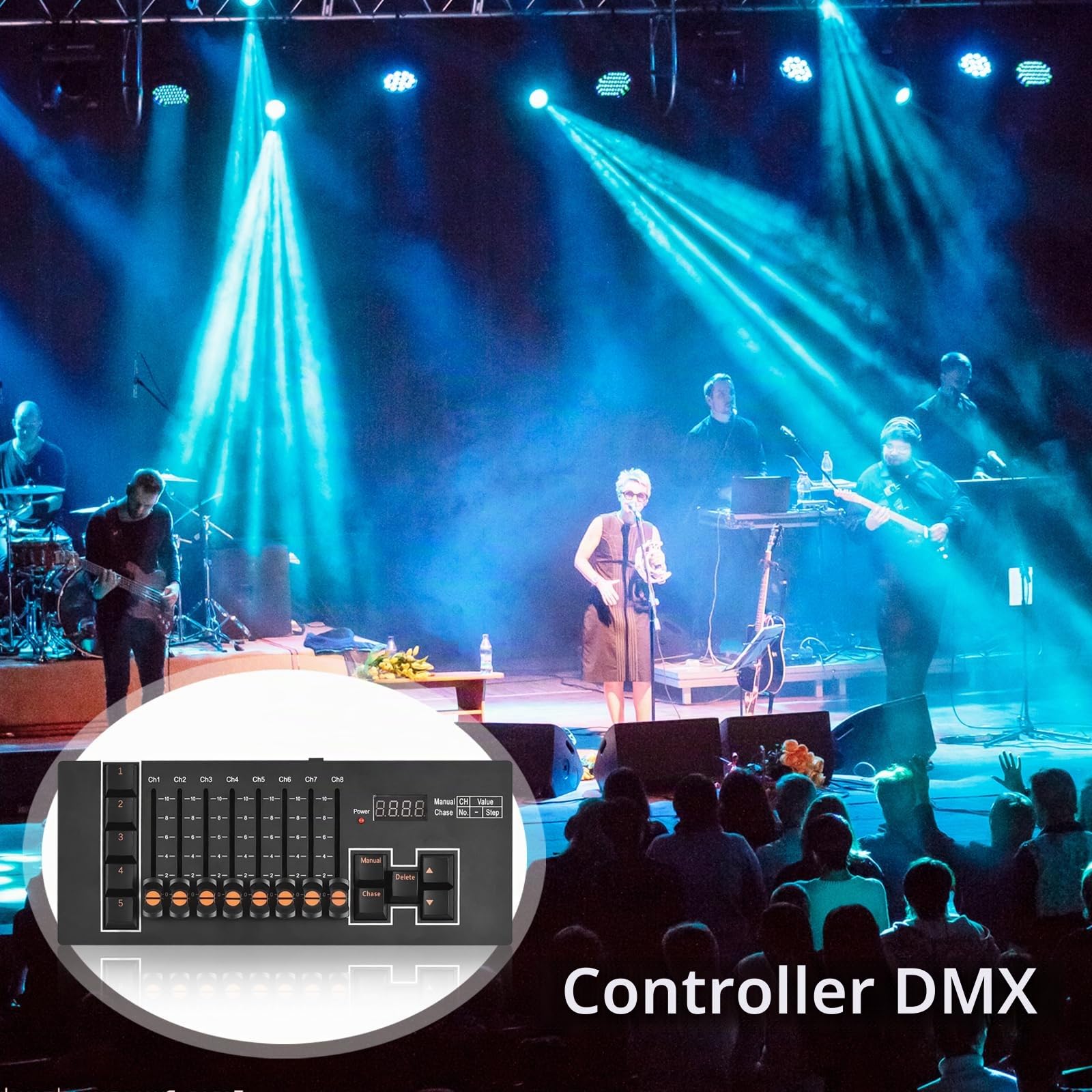 Controller DMX5102, Console di Controllo Luci a 40 Canali con 8 Fader e 5 Modalità Programmabili Controller DJ con 5 Effetti CHASE e Uscita DMX a 3 Pin per Illuminazione da Palco Spettacoli dal Vivo