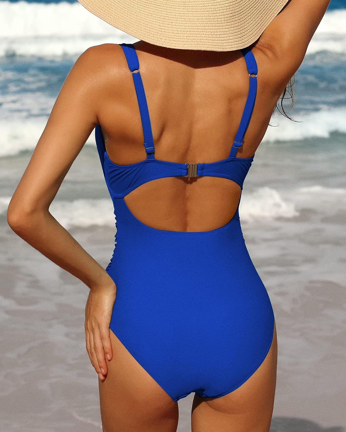 Charmo Womens One Piece Swimsuit Ruched Tummy Control High Cut Backless V Neck Bathing Suits Swimwear - Image 3