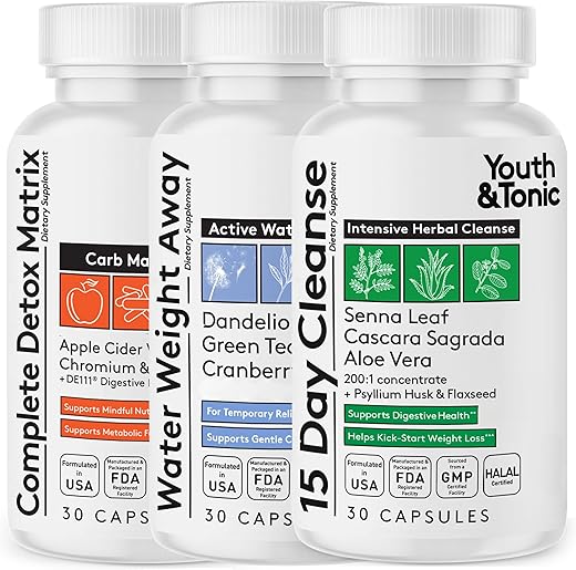 3pk Detox Cleanse Kick Off Weight Management | Colon Cleanser + Water Loss Pills w Dandelion + ACV Full Body Detox + Probiotics | Flat Stomach & Waist Line Reduction|Restart Metabolism Bloating Relief