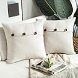 Phantoscope Farmhouse Throw Pillow Covers Triple Button Vintage Linen Solid Decorative Pillow Cover for Couch Bed and Chair Off White, 18 x 18 inches 45 x 45 cm, Pack of 2