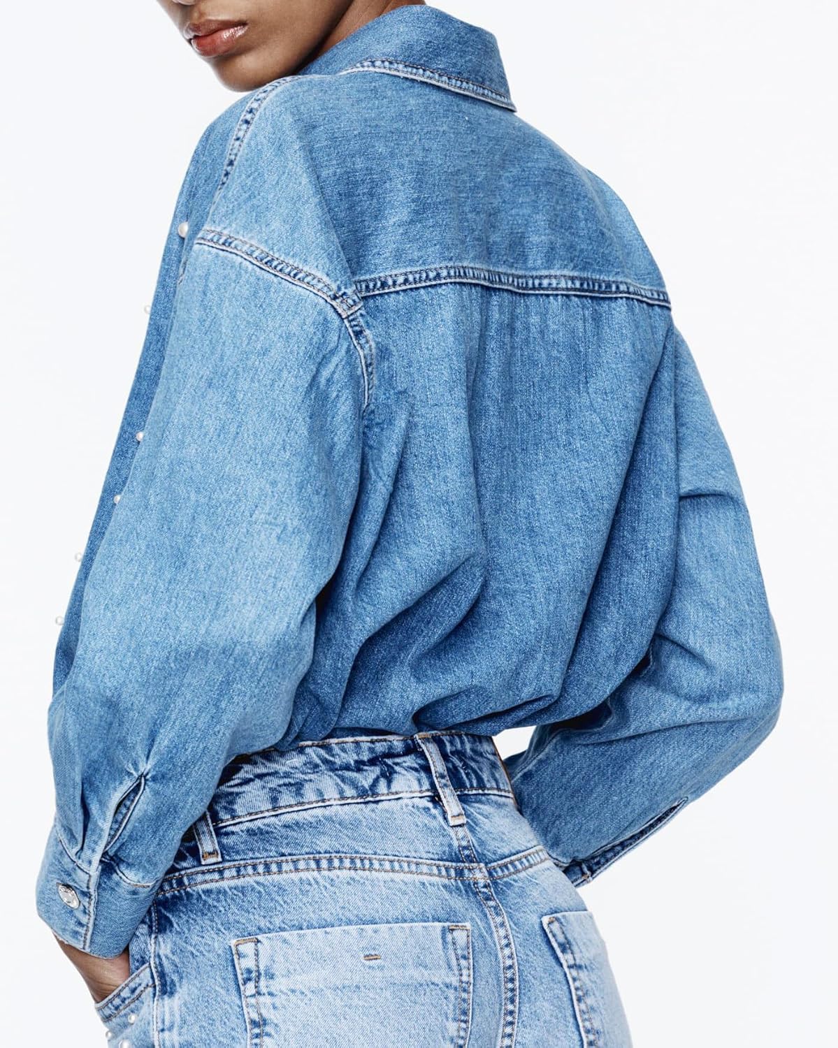 Women's Oversized Denim Shirt Button Down Pearls Jean Jacket Long Sleeve Rhinestone Shacket Casual Trendy Blouse Tops - Image 2