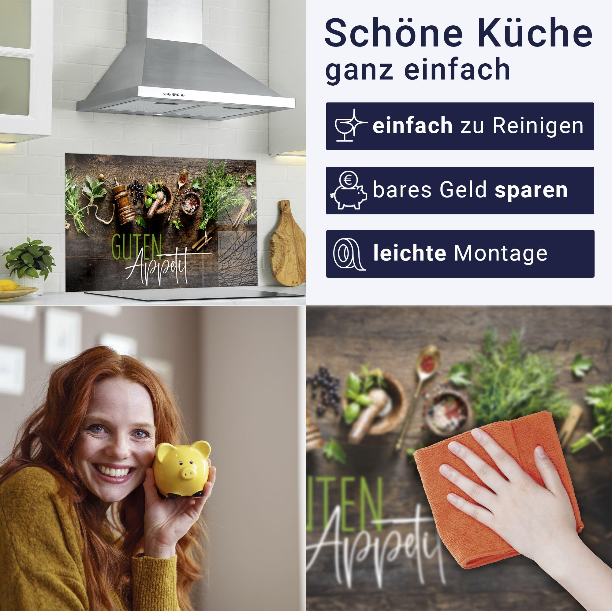 Herd Spritzschutz Wand Spüle Küchenrückwand Glasoptik Acryl Glas 2mm 160x50cm Kräuter Gewürze Text Guten Appetit
